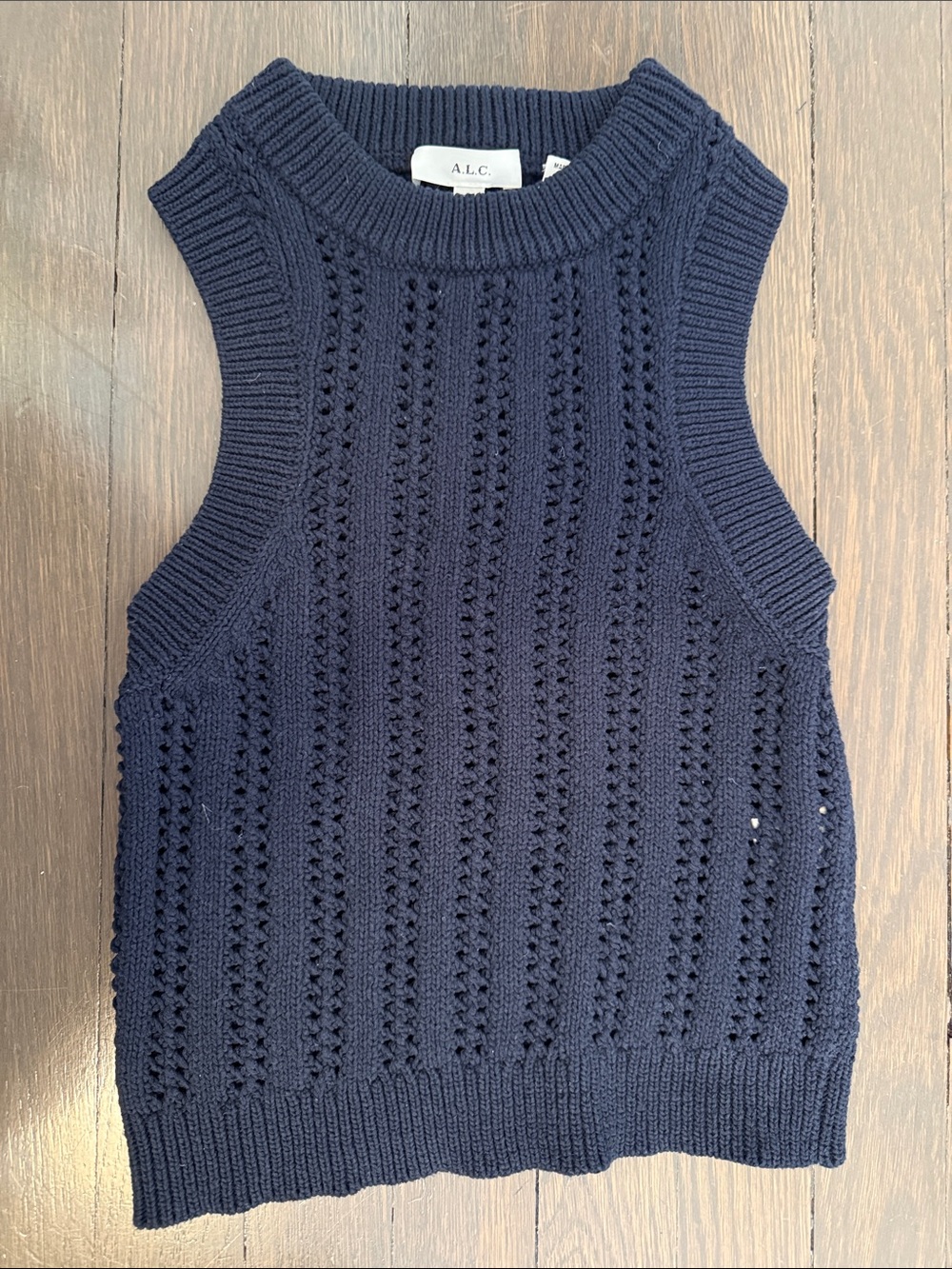 A.L.C. Navy High Neck Crochet Cropped Tank Top